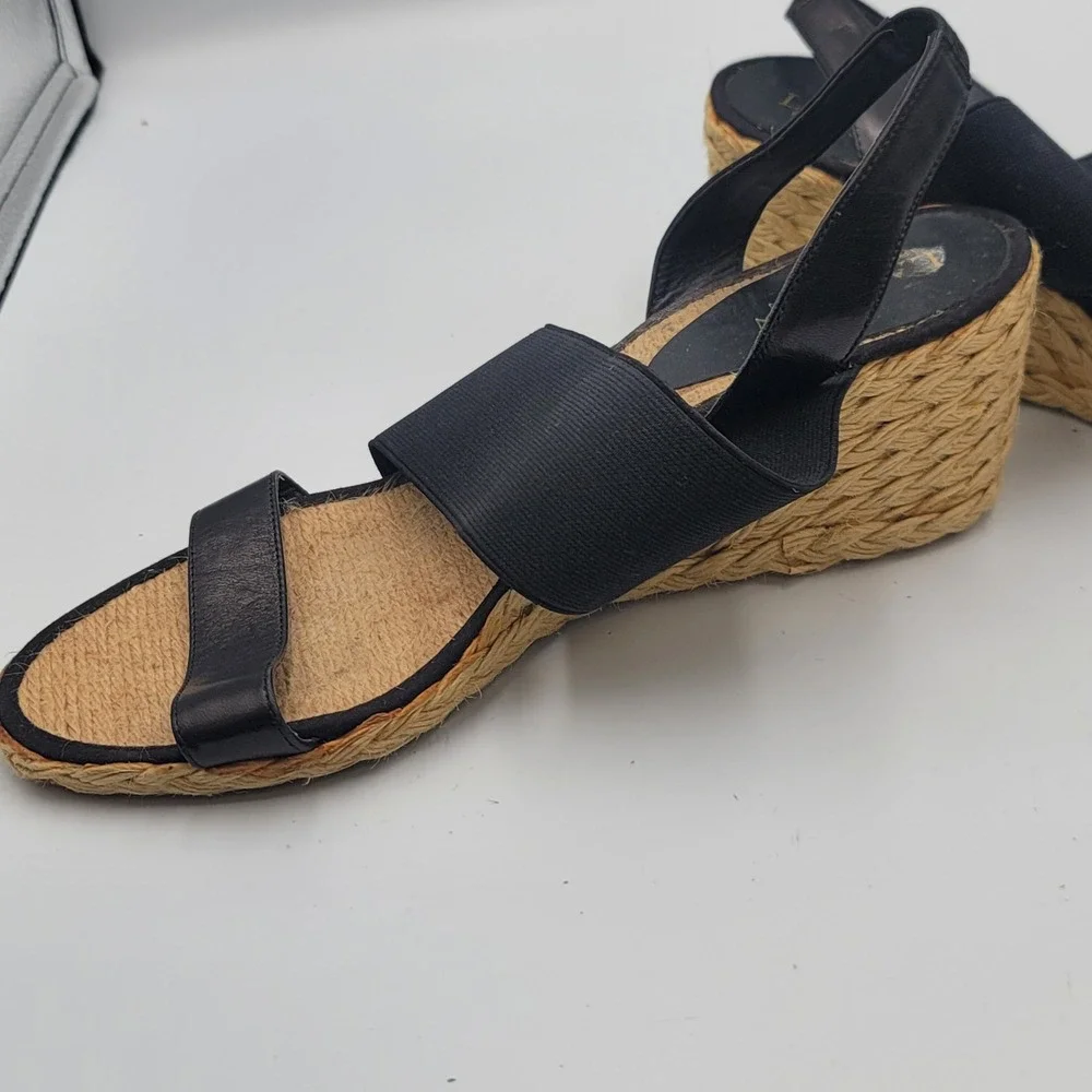 Lauren Ralph Lauren Carminda Black Leather Espadrille Wedge Sandals Womens 10B